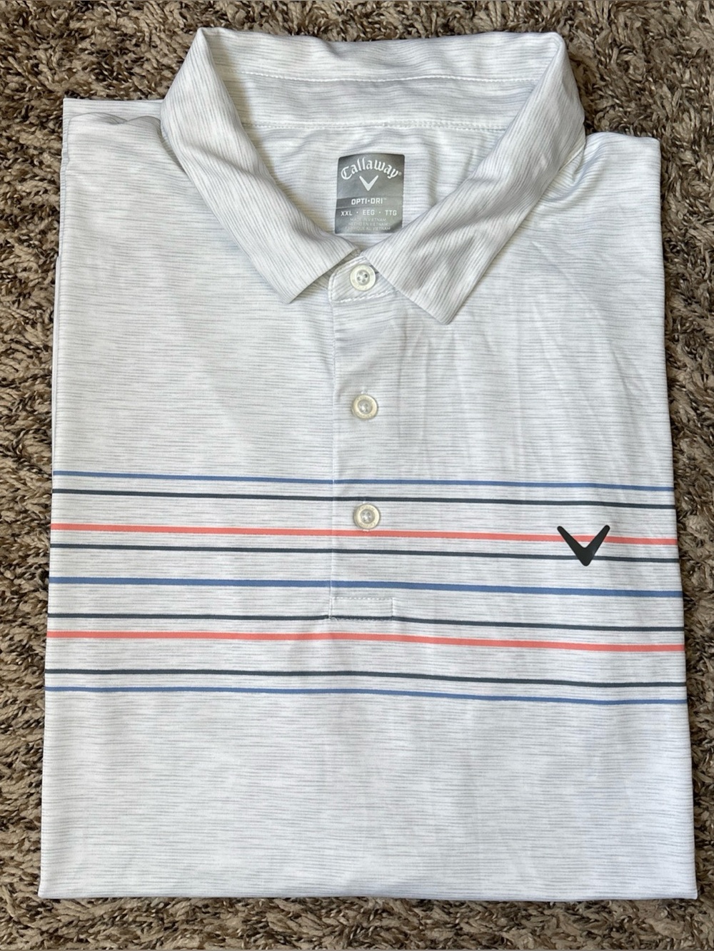 Callaway White Polo with Blue and Coral Stripes